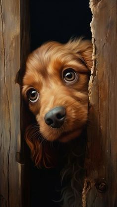 a painting of a dog peeking out from behind a piece of wood