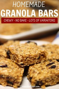 homemade granola bars stacked on top of each other with text overlay reading homemade granola bars chewy, no bake - lots of variations