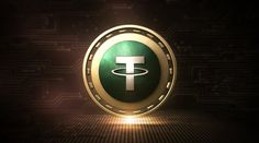 a green and gold coin with the letter t on it in front of a circuit board