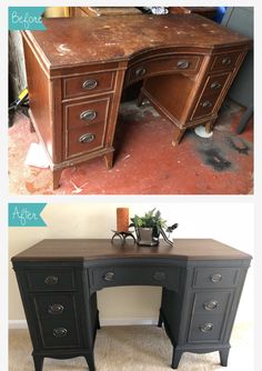 before and after photos of an old desk