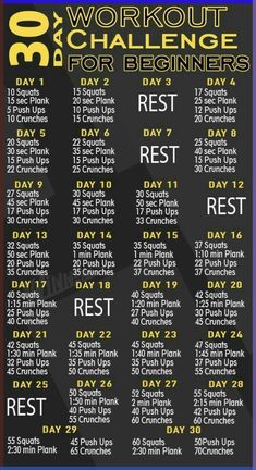 the workout schedule for beginners is shown in black and yellow, with numbers on it