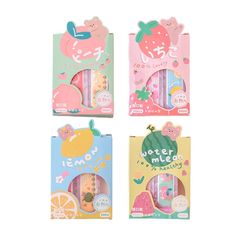 three different packagings with fruit and vegetables on them, one in pink, the other in blue