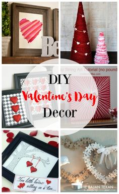 diy valentine's day decor is featured in this collage with red and white decorations