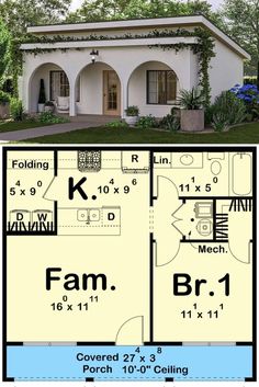 the floor plan for a small house with two rooms and an attached garage is shown