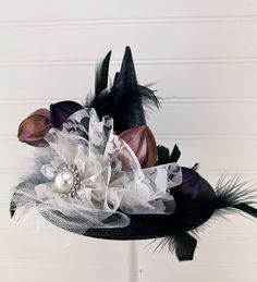 Halloween Decor SMALL Witch Hat Black With Feathers Flowers - Etsy Halloween Costume Hat Accessories, Black Top Hat For Halloween, Halloween Costume Hat, Witchy Black Top Hat For Halloween, Whimsical Black Halloween Hat, Witchy Black Mini Hat For Halloween, Black Witchy Mini Hat For Halloween, Black Mini Hats For Halloween Themed Events, Whimsical Black Costume Accessories