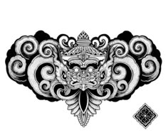 an ornate design with clouds and a crown on it's head, in black and white