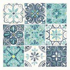 nine blue and white tiles with different designs on each tile, all in various colors