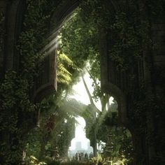 an arch in the middle of a forest with people walking through it and trees growing on both sides