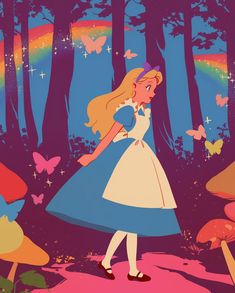 a girl in a blue dress is walking through the woods with butterflies on her head