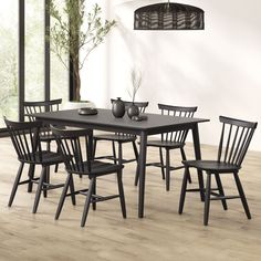 This 7-piece dining set brings a blend of classic and modern style to your dining space, featuring a sleek rectangular table with a subtle apron for added refinement. Walnut Table Black Chairs, Table Black Chairs, Black Wood Dining Table, Wood Dining Table Set, Black Chairs, 7 Piece Dining Set, Walnut Table, Dining Table Set, Table Black