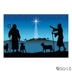 the nativity scene is depicted with silhouettes of people, animals and a star in the sky