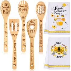 wooden spoons and utensils with bees on them, bee happy tea towels