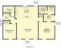 the floor plan for a two bedroom, one bathroom apartment with an attached living area