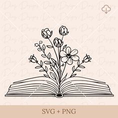 an open book with flowers on it and the words svg + png below