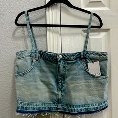 Zara Blue Jean Cropped Halter Top With Straps Size Women’s Xl Pockets Are Functual Zipper And Button Functual Super Cute Distressed Look With Some Fraying On Bottom-How It’s Suppose To Be Brand New With Tag Blue Frayed Hem Tops For Summer, Casual Blue Cutoff Tops, Fitted Blue Top With Frayed Hem, Blue Sleeveless Top With Frayed Hem, Blue Fitted Cutoff Tops, Blue Denim Cutoff Tops, Sleeveless Blue Top With Frayed Hem, Fitted Blue Cutoff Tops, Trendy Blue Cutoff Tops