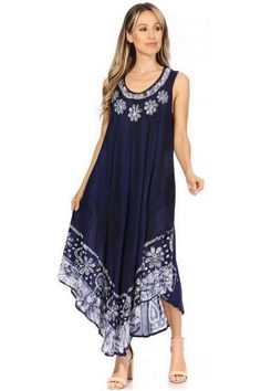 Features embroidered floral pattern at neckline and bottom hem, with handmade wash and pattern with a comfortable draped fit. Lightweight rayon fabric makes this dress also a great coverup for the beach or any occasion. Sleeveless Embroidered Dress For Vacation, Embroidered Sleeveless Dress For Summer, Sleeveless Floral Embroidered Dress For Beach Season, Sleeveless Dresses With Floral Embroidery For Beach Season, Floral Embroidery Sleeveless Sundress Maxi Dress, Bohemian Sleeveless Embroidered Maxi Dress, Bohemian Embroidered Sleeveless Dress, Embroidered Sleeveless Sundress Maxi Dress, Sleeveless Floral Embroidery Maxi Sundress