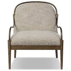 an upholstered chair with a wooden frame and fabric seat pad on the back