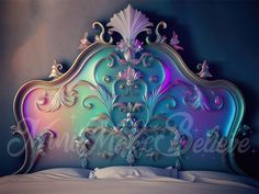 an ornate bed with blue and purple colors