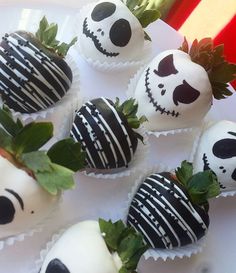 chocolate covered strawberries decorated to look like jack skellings