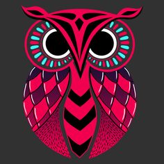 an owl with big eyes is shown in pink and blue colors on a black background