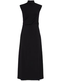 black virgin wool blend high neck rear zip fastening signature Monili chain detail sleeveless draped design A-line skirt mid-length straight hem Elegant High Neck Sleeveless Formal Dress, Elegant High Neck Sleeveless Dress For Evening, Elegant Sleeveless Dress With Side Slits For Night Out, Sleeveless Elastane Midi Dress For Formal Occasions, Elegant Sleeveless Midi Dress With Side Slits, Elegant Black Sleeveless Elastane Dress, Evening Sleeveless Dress With Side Slits, Formal Draped Sleeveless Dress, Formal High Neck Ruched Midi Dress