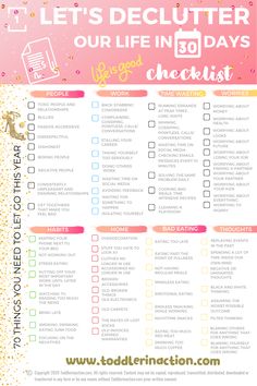 a pink and gold checklist with the words let's declutter our life in 30 days