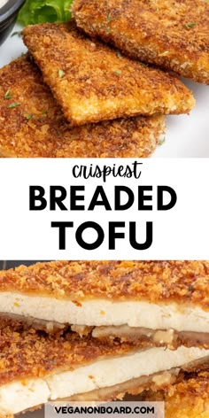 breaded tofu cut in half on a plate