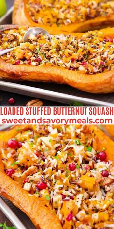 baked stuffed butternut squash with sweet and savory toppings is the perfect side dish for thanksgiving