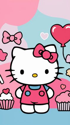 a hello kitty wallpaper with cupcakes and heart shaped balloons in the background