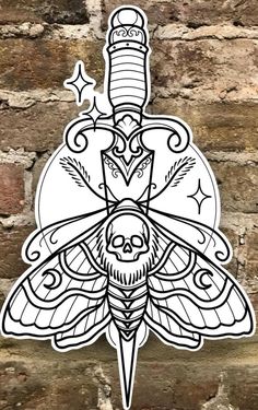 a black and white drawing of a moth on a brick wall