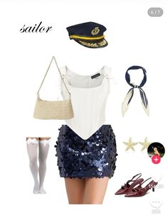 there is a sailor outfit and accessories on this page, including shoes, hats, scarves