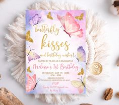 a baby butterfly is on the way birthday party card with gold foil lettering and watercolor butterflies