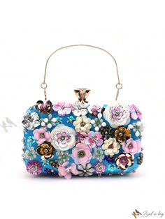 Bird in Bag - Stylish Handheld Evening Clutch Bag adorned with Floral Embellishments Chic Evening Bags With Floral Embroidery, Rectangular Embellished Bags For Gifts, Blue Embellished Shoulder Bag For Party, Elegant Multicolor Embellished Bag, Multicolor Evening Bags With Floral Embroidery, Blue Beaded Bag For Wedding, Blue Beaded Wedding Bag, Elegant Floral Embroidered Evening Bag, Blue Embroidered Evening Bag