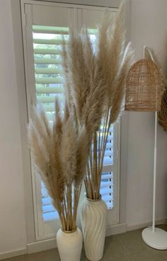 two white vases filled with dry grass next to a window