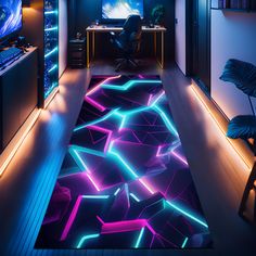 an area rug with neon lights on the floor and in front of a computer desk