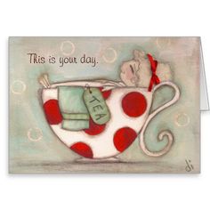 a painting of a polka dot tea cup with the word tea in it's middle