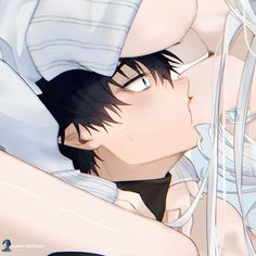 an anime character with black hair wearing a white shirt and tie, leaning over his shoulder