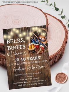 a beer themed birthday party with lights on the tree stumps and an american flag