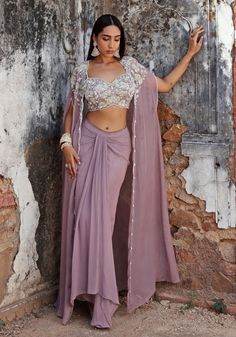 Lilac draped Skirt set with Cape Seema Thukral - Fabilicious Fashion Drape Skirts Indo Western, Indian Skirts, Wedding Fits, Sangeet Outfit, Indian Skirt, Lehenga Red, Trendy Outfits Indian, Dresses Traditional, Designer Outfit