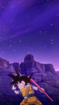 a cartoon character holding a giant stick in front of a mountain range with stars above