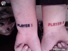 two people with matching tattoos on their feet that say, player 2 and player 3