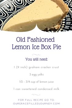 an old fashioned lemon ice box pie on a black and white plate with text overlay