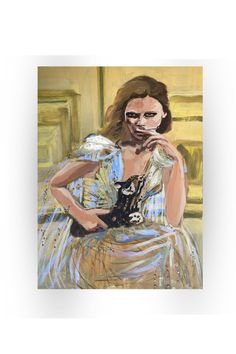 A painting by the contemporary artist Veronica Wells. A woman wearing a glittering gold dress is seated with a small, exotic cat on her lap. She leaning forward, smoking a cigarette In This Moment