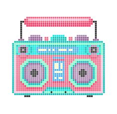 an old - fashioned radio with speakers is depicted in pixel art style on a white background