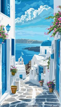 a painting of an alley way leading to the ocean with blue doors and flowers on either side