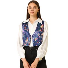 This vest is offered in a regular fit silhouette and button closure design. This style is finished with two buttons through the front. The floral prints on silky, lightweight fabric are beautiful. Exhibiting a classic v-neck design for a stylish look. These classic and vintage floral patterns add a bit of elegance, and some flare to your everyday. Occasion: Hanging Out, Shopping, Weekend Gathering, Daily, etc. Womens Suit Vest, V Neck Design, Floral Vests, Vintage Floral Pattern, Cropped Vest, Vest Pattern, Casual Vest, Vest Fashion, Dressy Casual