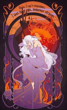 an image of a woman with white hair and purple dress standing in front of a fire