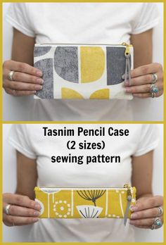 two images showing how to sew a pencil case with the sewing pattern on it