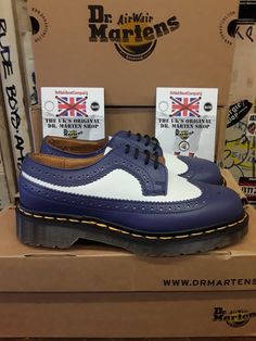 A beautiful pair of Classic Dr Martens Made in England Brogues. These shoes have a unique Two Tone, Nappa Leather Upper in Blue (purple-ish) and White. They feature Yellow Stitching, American Brogue Details and Classic Dr Martens Sole. Made In England During the 1990s- The Golden Era of British Shoe Making.  Size 5 UK £210 Navy Oxfords With Brogue Detailing, Blue Wingtip Oxfords With Contrast Sole, Blue Low-top Oxfords With Brogue Detailing, Blue Brogue Low-top Oxfords, Blue Oxfords With Contrast Sole And Round Toe, Two Tone Brogues, Shoe Making, Green Suede, Suede Sandals