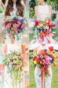 four different bouquets are shown in this collage, including flowers and greenery